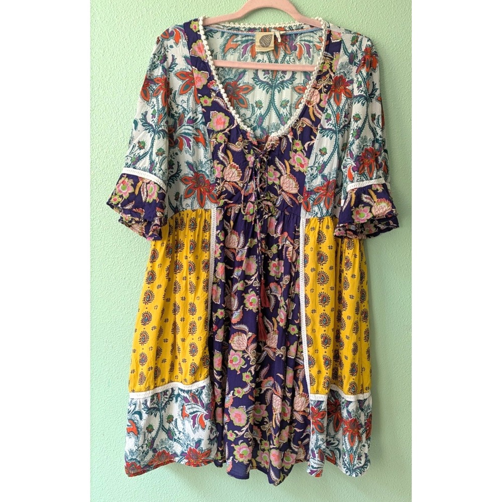 Lika Anthropologie Boho Patchwork Floral Trapeze Dress Tassel Purple Yellow
